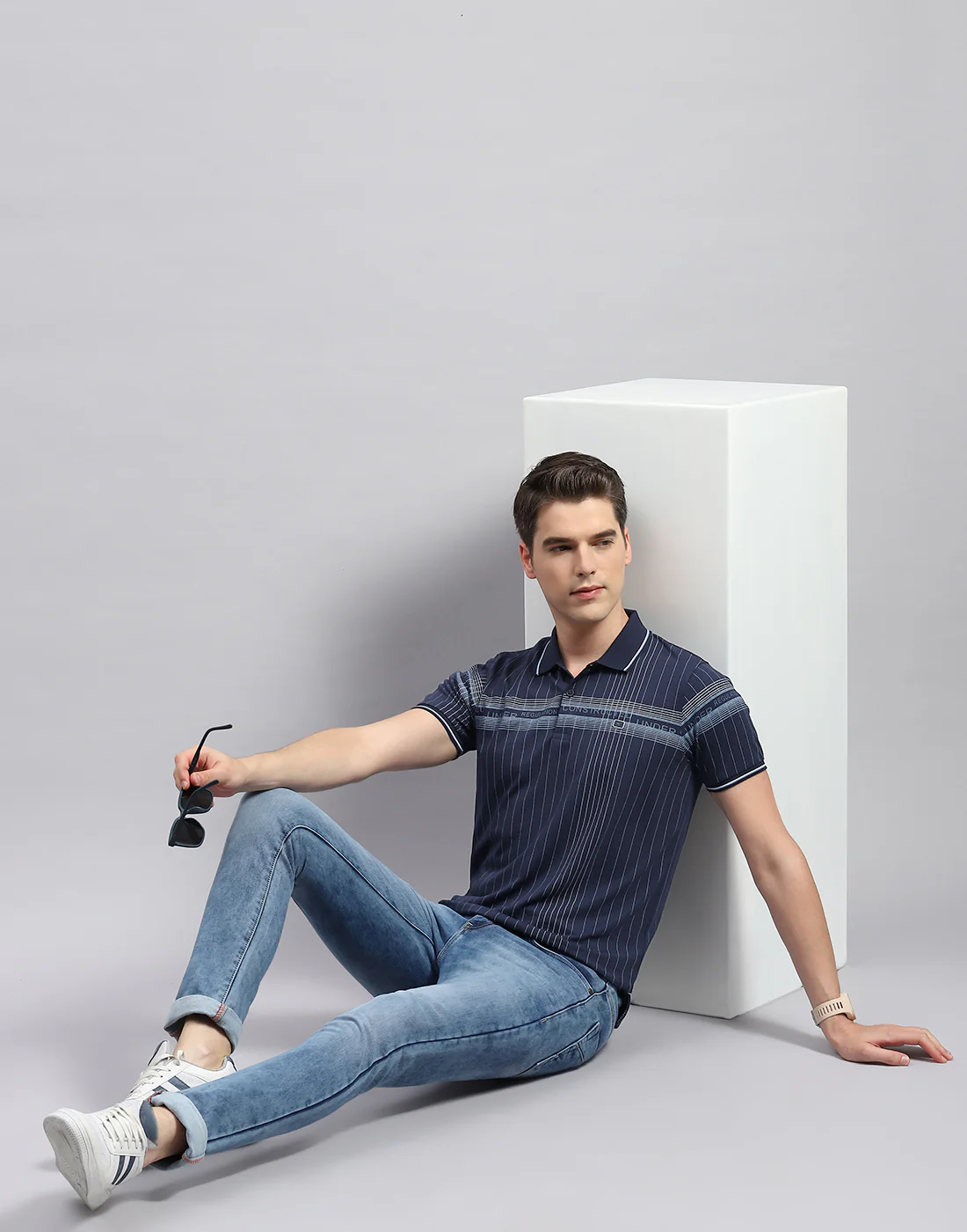 Men Navy Blue Printed Polo Collar Half Sleeve T-Shirt - Image 2