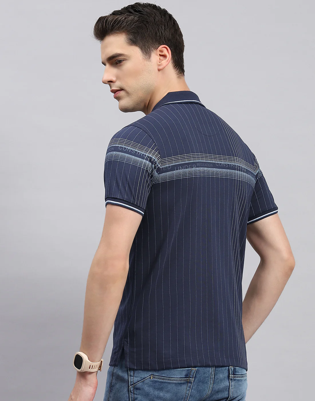 Men Navy Blue Printed Polo Collar Half Sleeve T-Shirt - Image 5