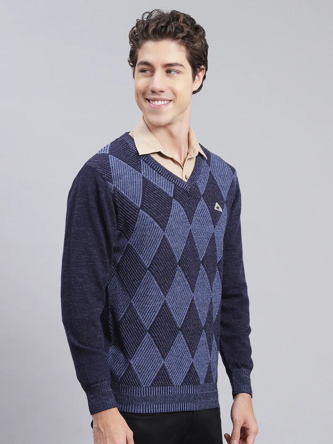 Men Navy Blue Printed Pure wool Pullover - Image 2