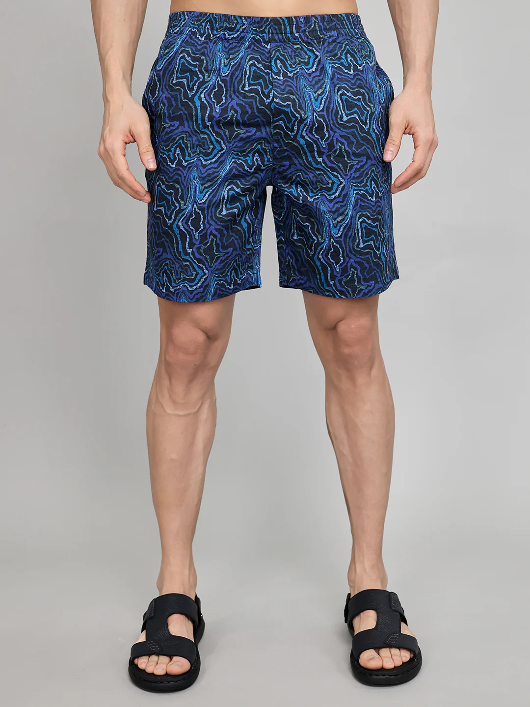 Men Navy Blue Printed Revere Collar Half Sleeve Cords Set - Image 6