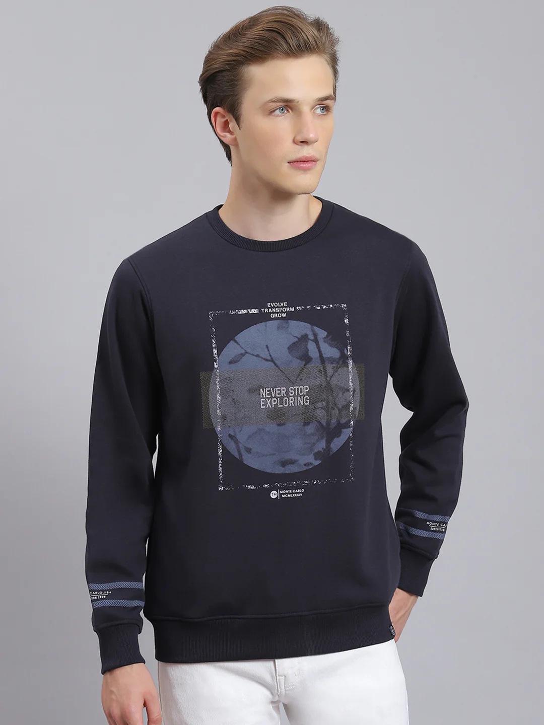 Men Navy Blue Printed Round Neck Full Sleeve Sweatshirt - Image 5
