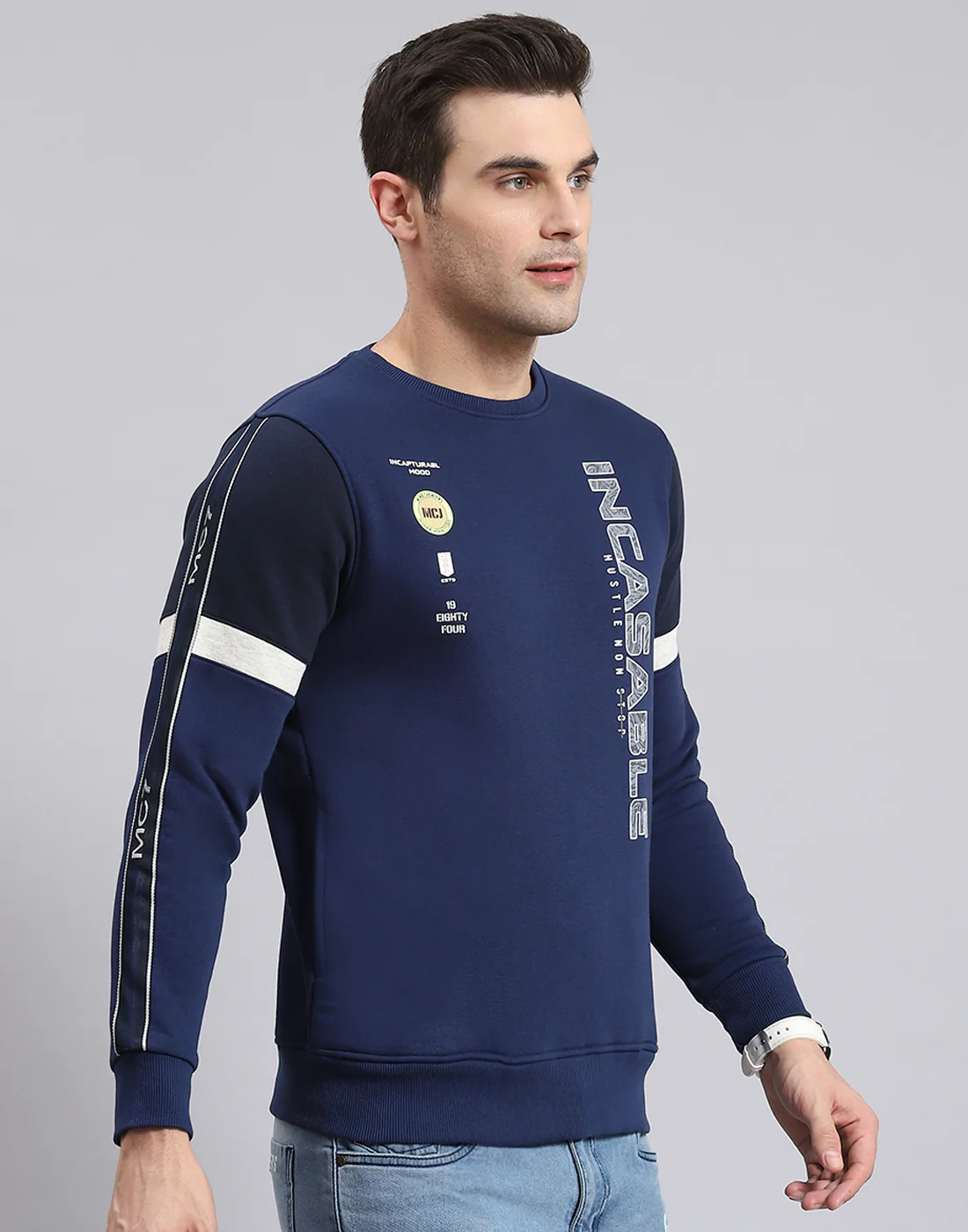 Men Navy Blue Printed Round Neck Full Sleeve Sweatshirt - Image 6