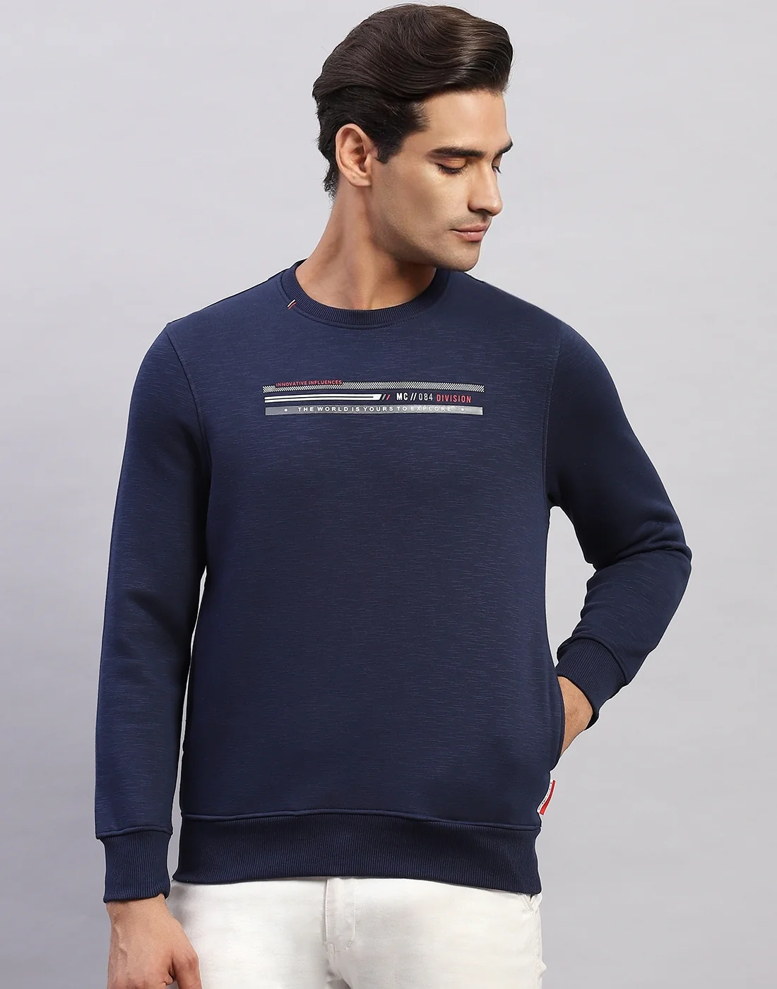 Men Navy Blue Printed Round Neck Full Sleeve Sweatshirt - Image 2