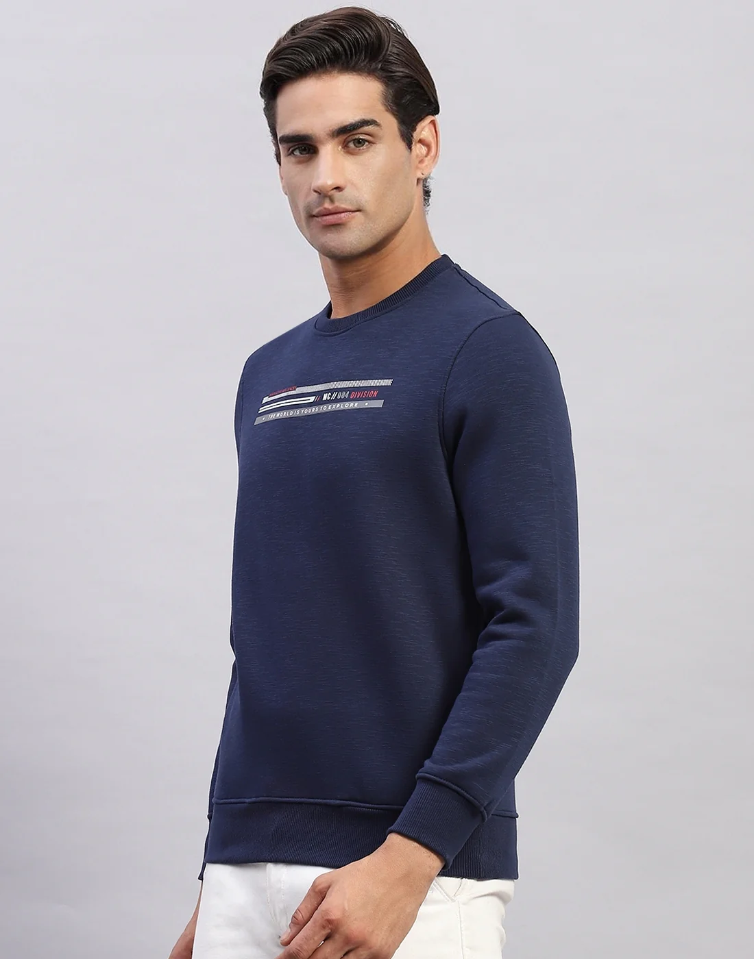 Men Navy Blue Printed Round Neck Full Sleeve Sweatshirt - Image 3