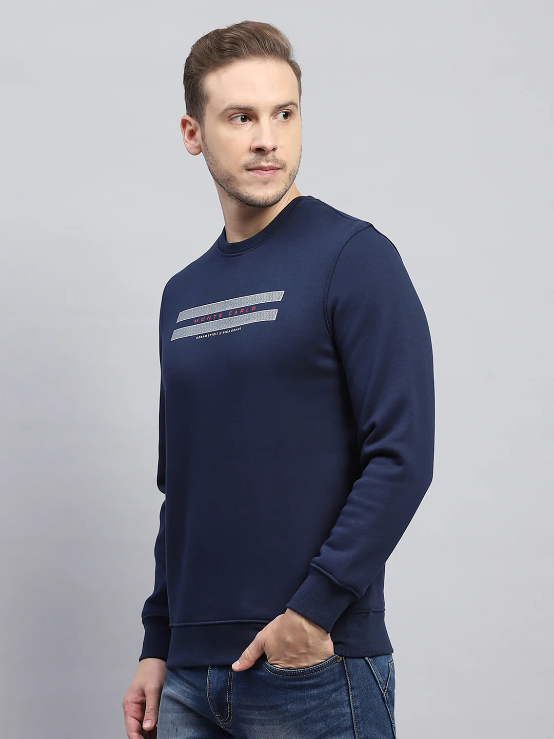 Men Navy Blue Printed Round Neck Full Sleeve Sweatshirt - Image 3