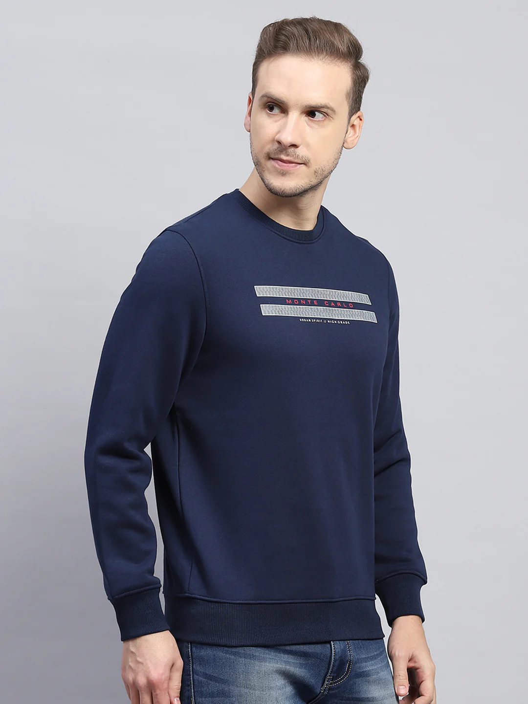 Men Navy Blue Printed Round Neck Full Sleeve Sweatshirt - Image 4