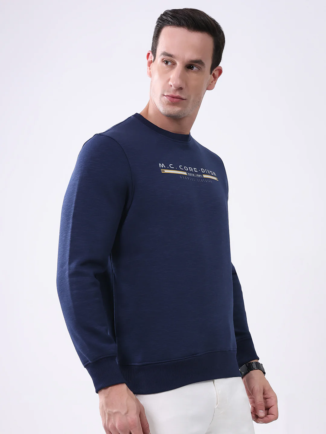 Men Navy Blue Printed Round Neck Full Sleeve Sweatshirt - Image 4