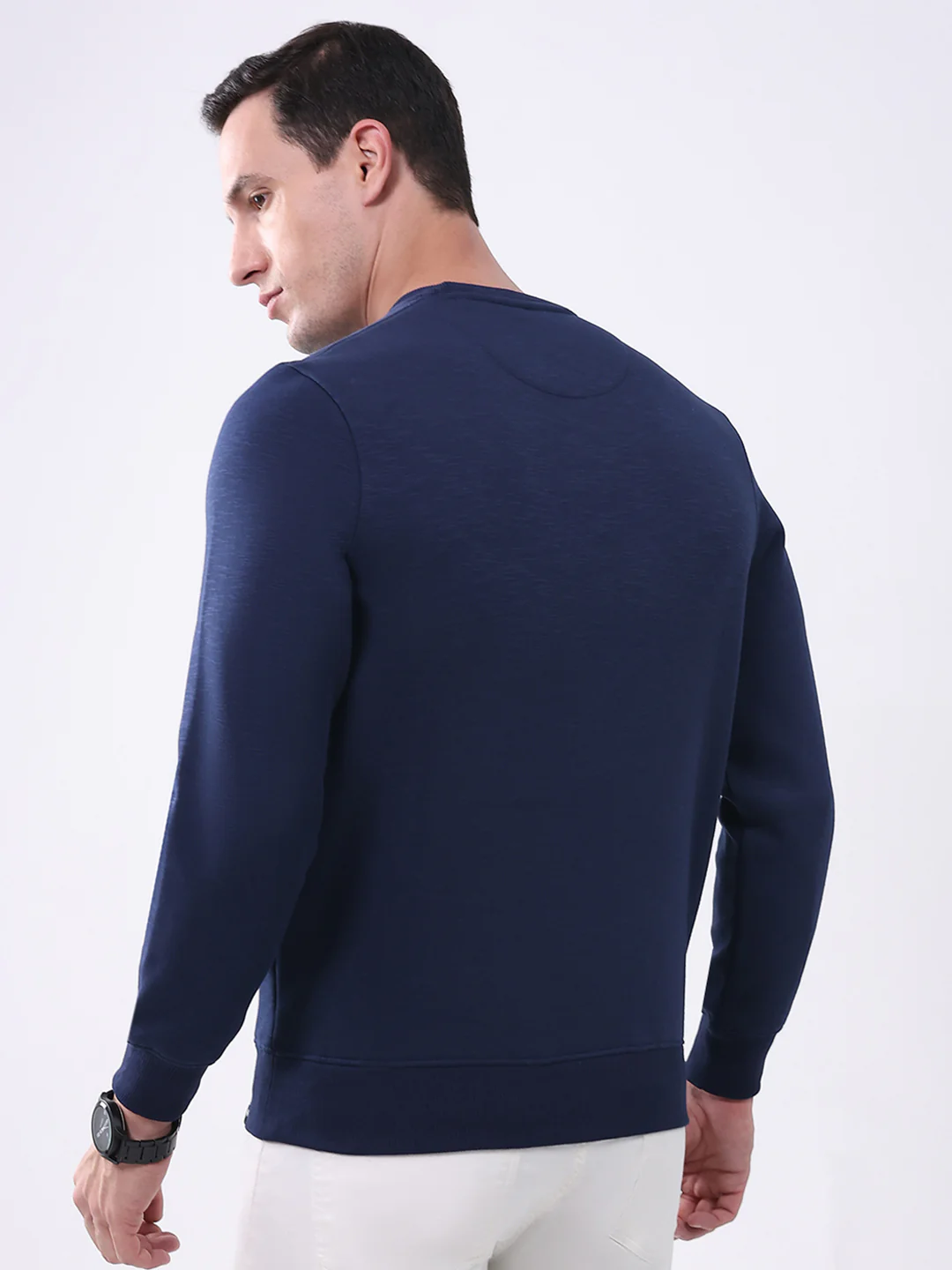 Men Navy Blue Printed Round Neck Full Sleeve Sweatshirt - Image 5