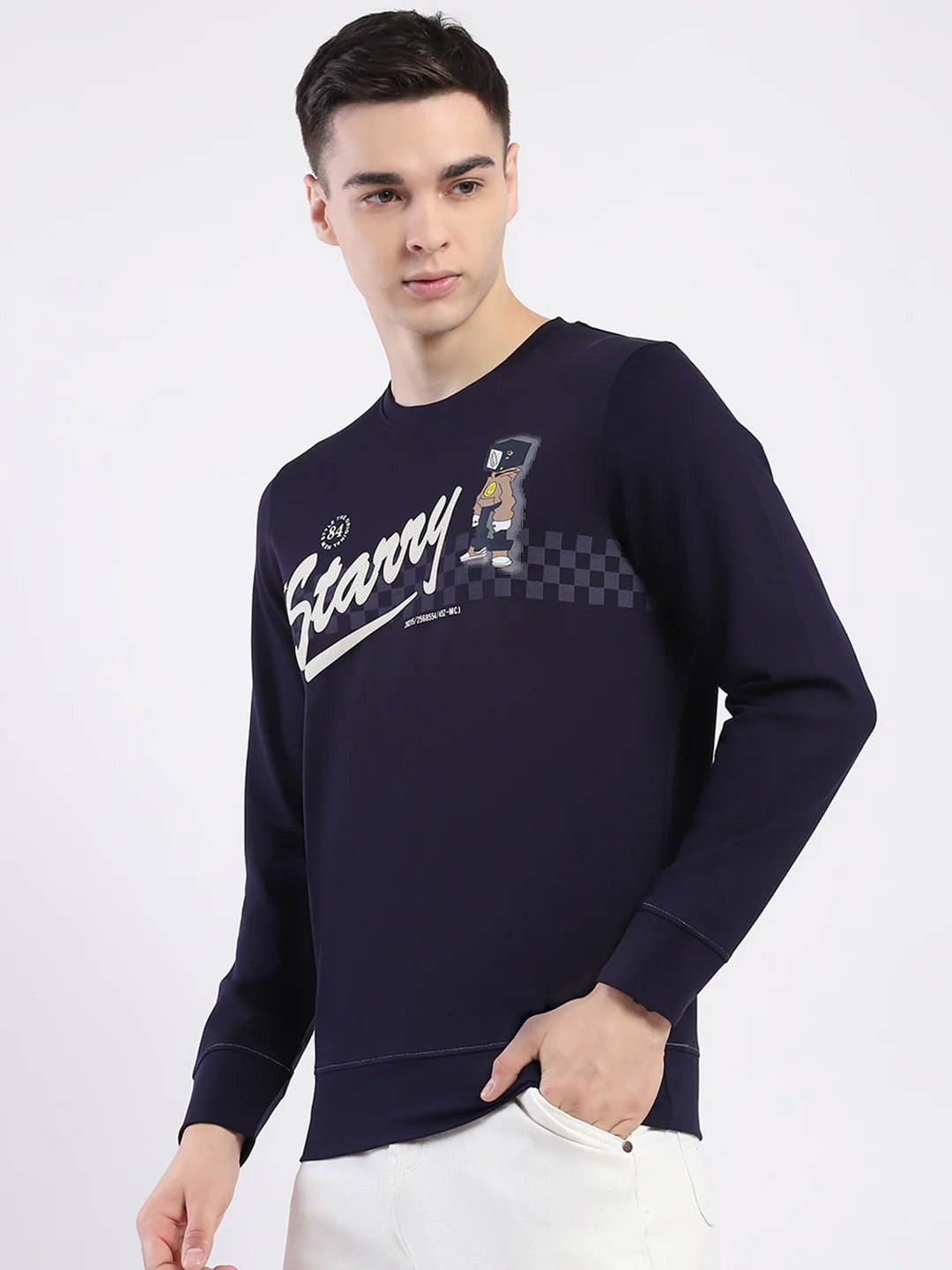 Men Navy Blue Printed Round Neck Full Sleeve Sweatshirt - Image 3