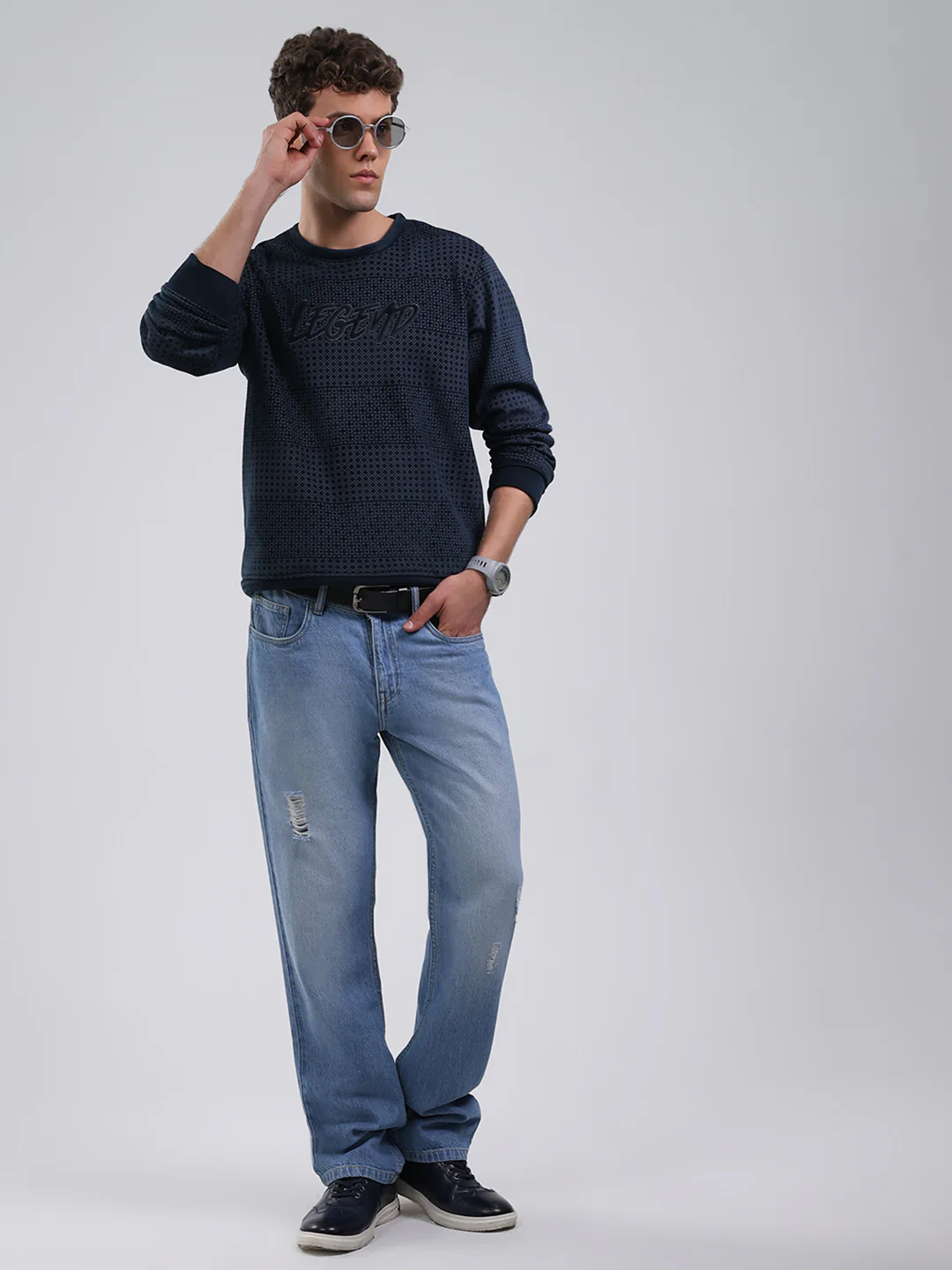 Men Navy Blue Printed Round Neck Full Sleeve Sweatshirt - Image 2