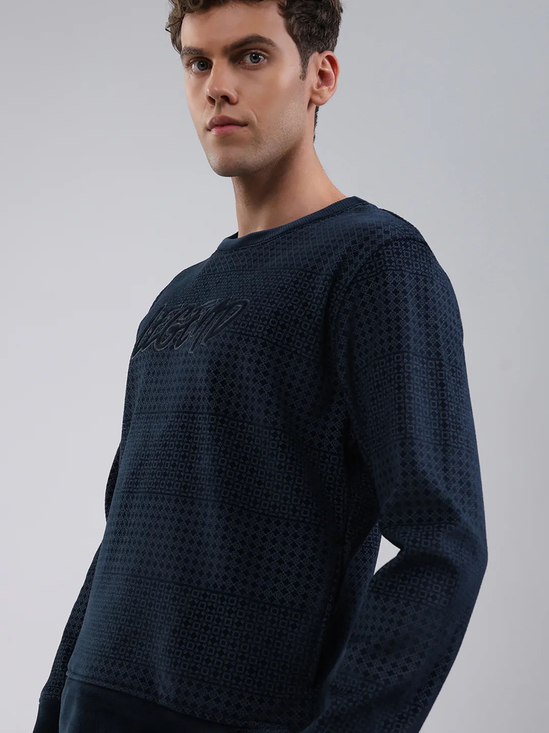 Men Navy Blue Printed Round Neck Full Sleeve Sweatshirt - Image 6