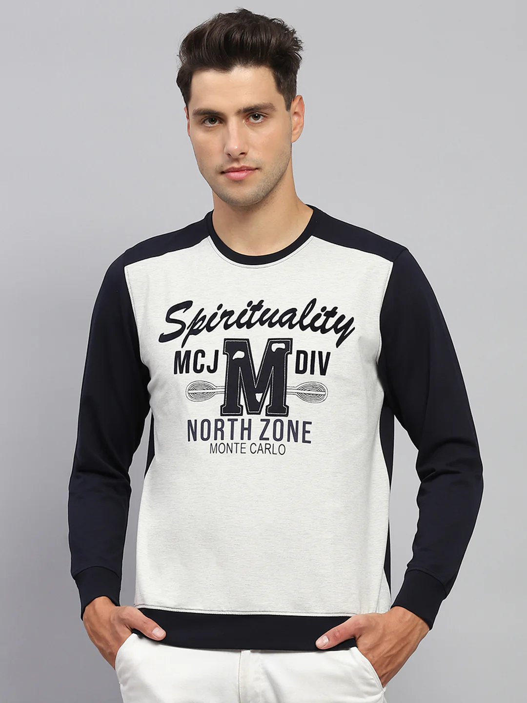 Men Navy Blue Printed Round Neck Full Sleeve T-Shirt - Image 2