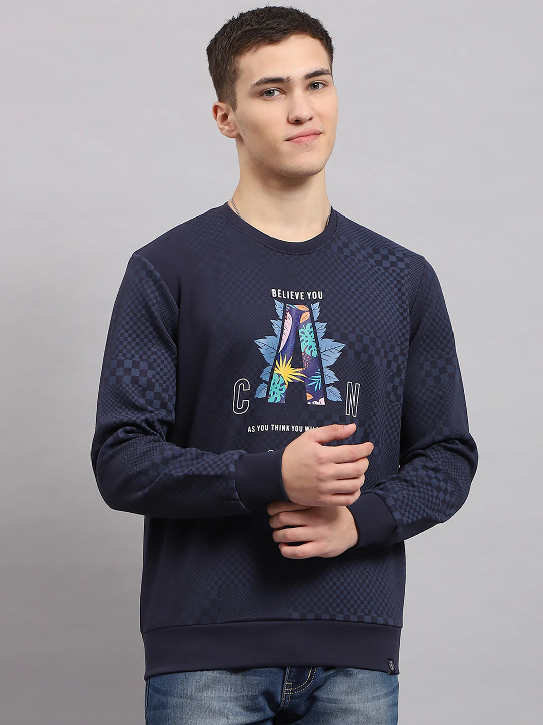Men Navy Blue Printed Round Neck Full Sleeve T-Shirt - Image 2
