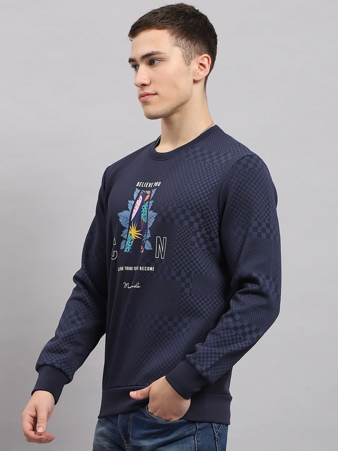 Men Navy Blue Printed Round Neck Full Sleeve T-Shirt - Image 3