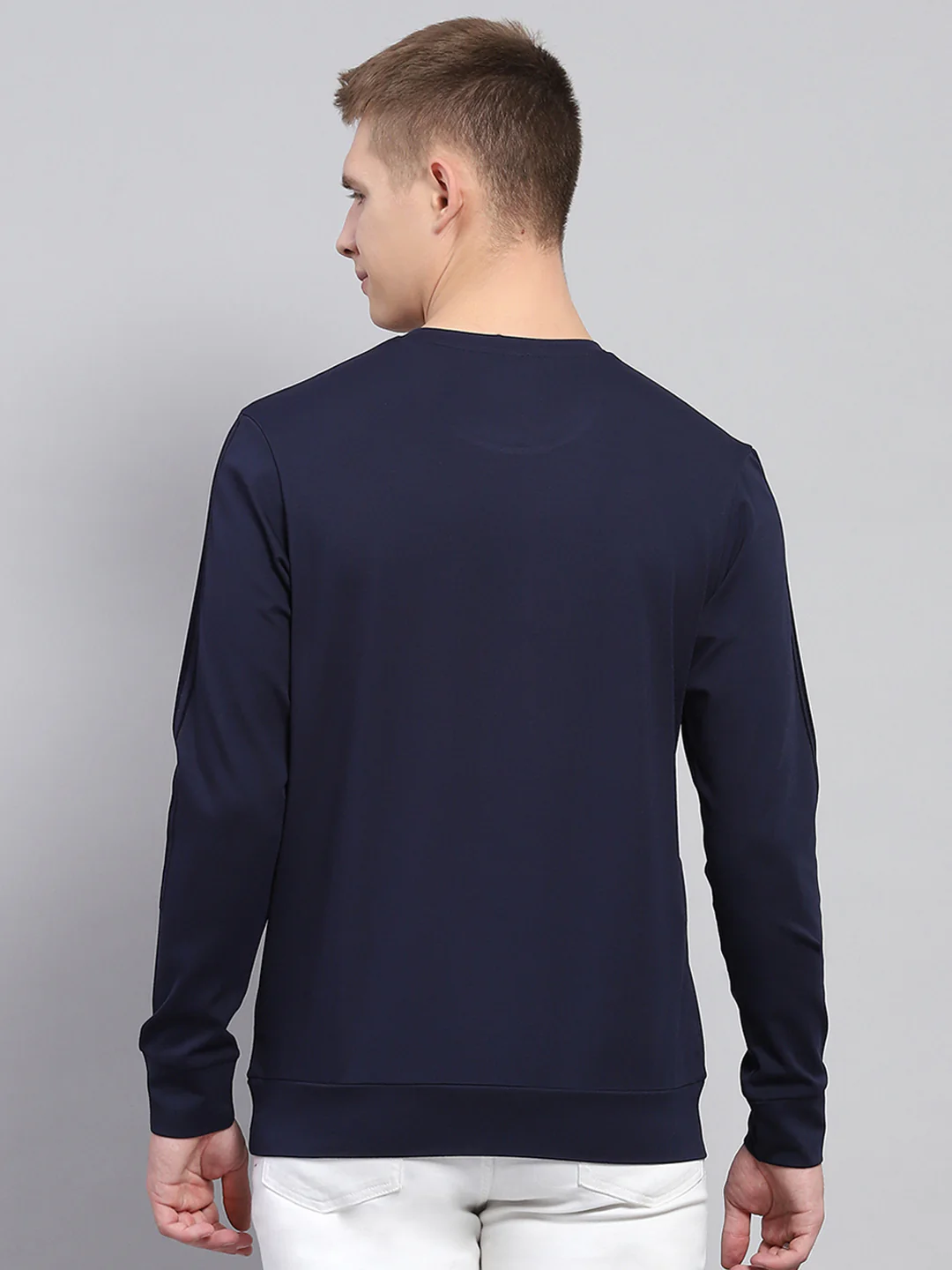 Men Navy Blue Printed Round Neck Full Sleeve Winter T-Shirt - Image 5