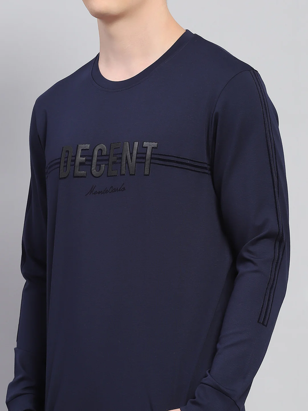 Men Navy Blue Printed Round Neck Full Sleeve Winter T-Shirt - Image 6