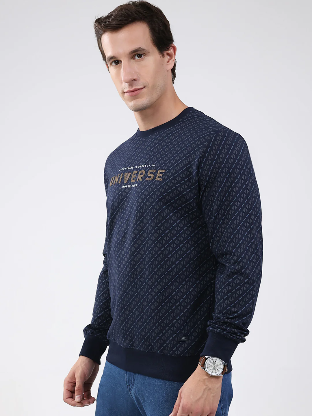 Men Navy Blue Printed Round Neck Full Sleeve Winter T-Shirt - Image 3