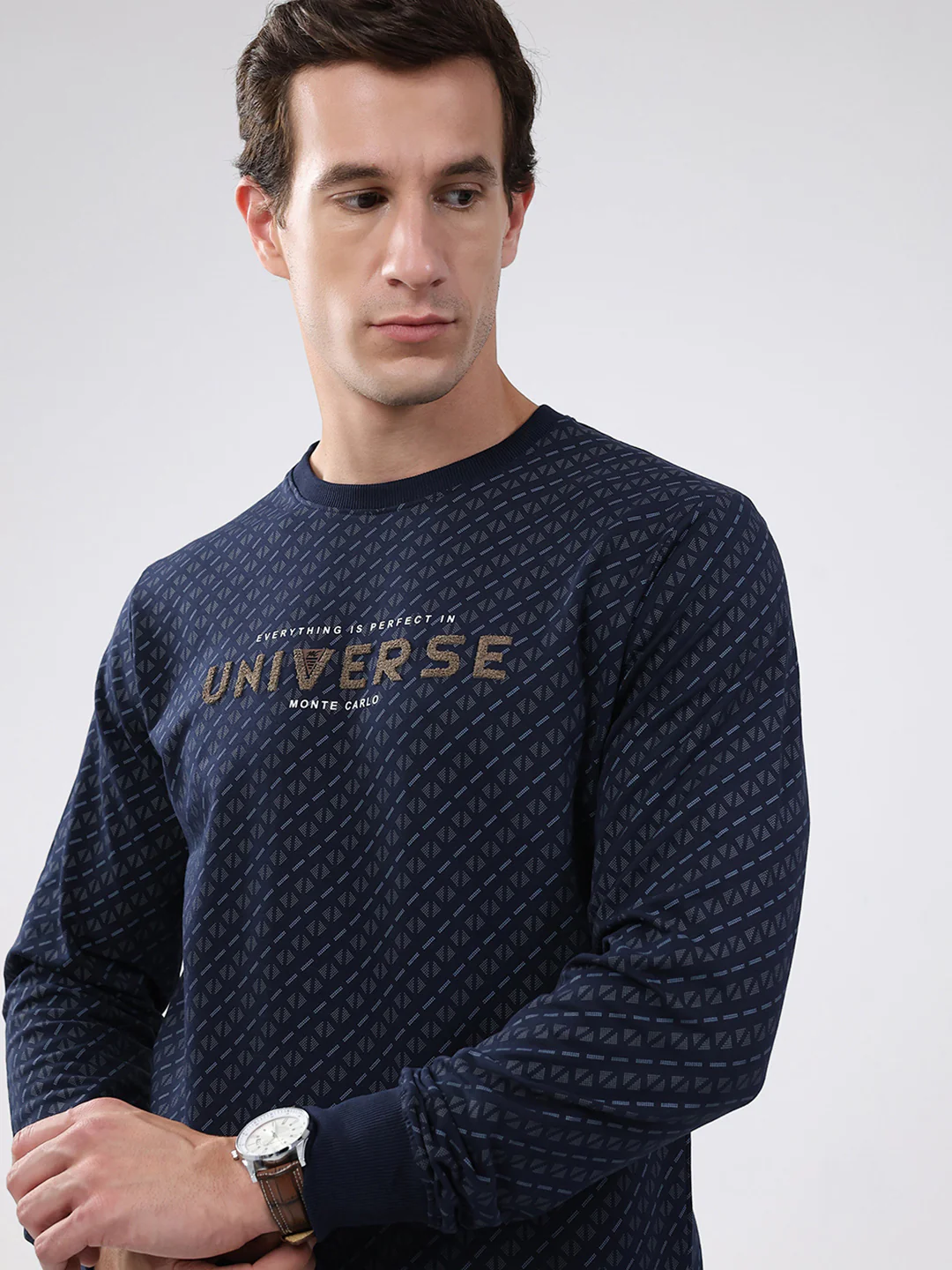 Men Navy Blue Printed Round Neck Full Sleeve Winter T-Shirt - Image 6