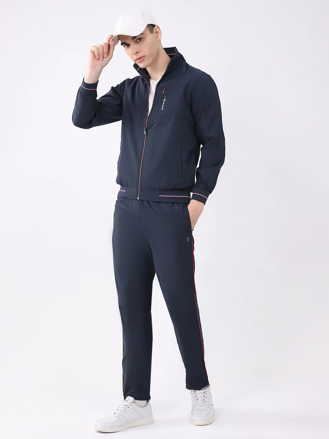 Men Navy Blue Printed Round Neck Full Sleeve Winter Tracksuit - Image 2