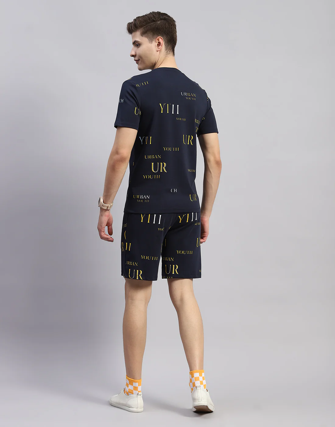 Men Navy Blue Printed Round Neck Half Sleeve Bermuda Set - Image 5