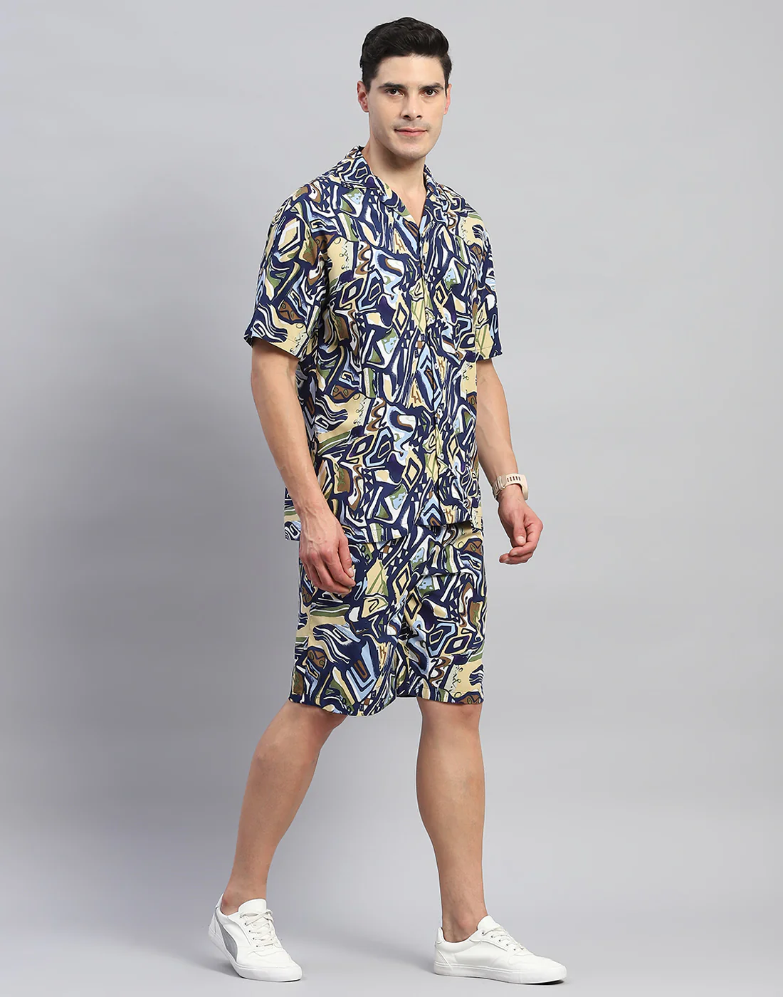 Rock.it Men Navy Blue Printed Round Neck Half Sleeve Cords Set - Image 4
