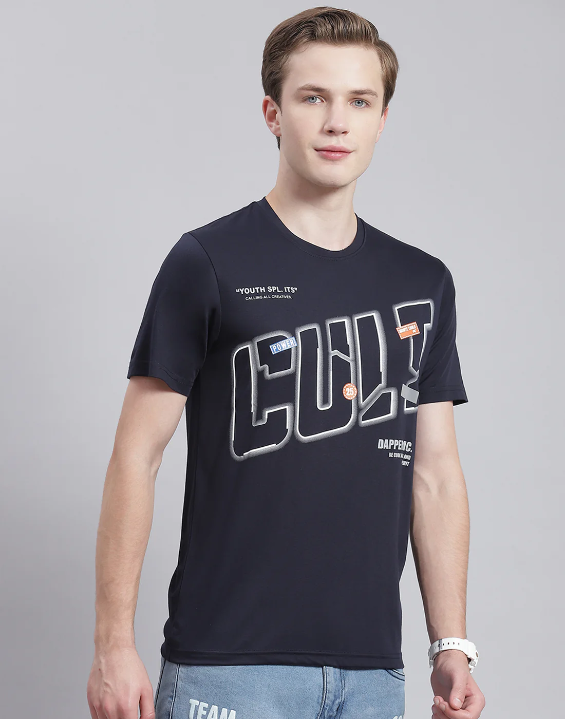 Men Navy Blue Printed Round Neck Half Sleeve T-Shirt - Image 4