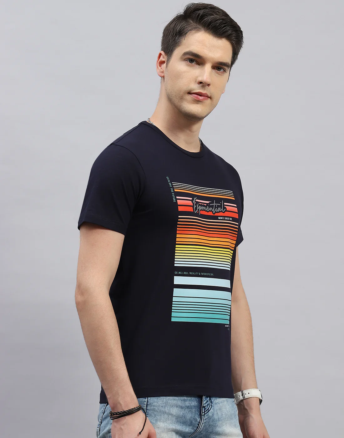 Men Navy Blue Printed Round Neck Half Sleeve T-Shirt - Image 4