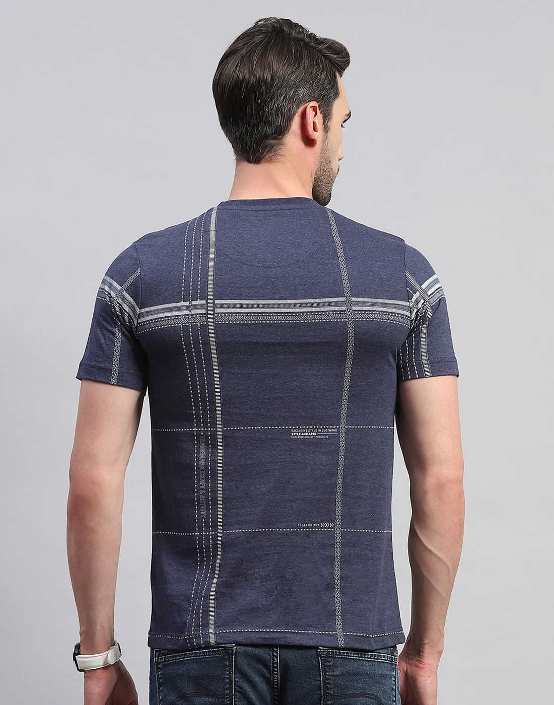 Men Navy Blue Printed Round Neck Half Sleeve T-Shirt - Image 5