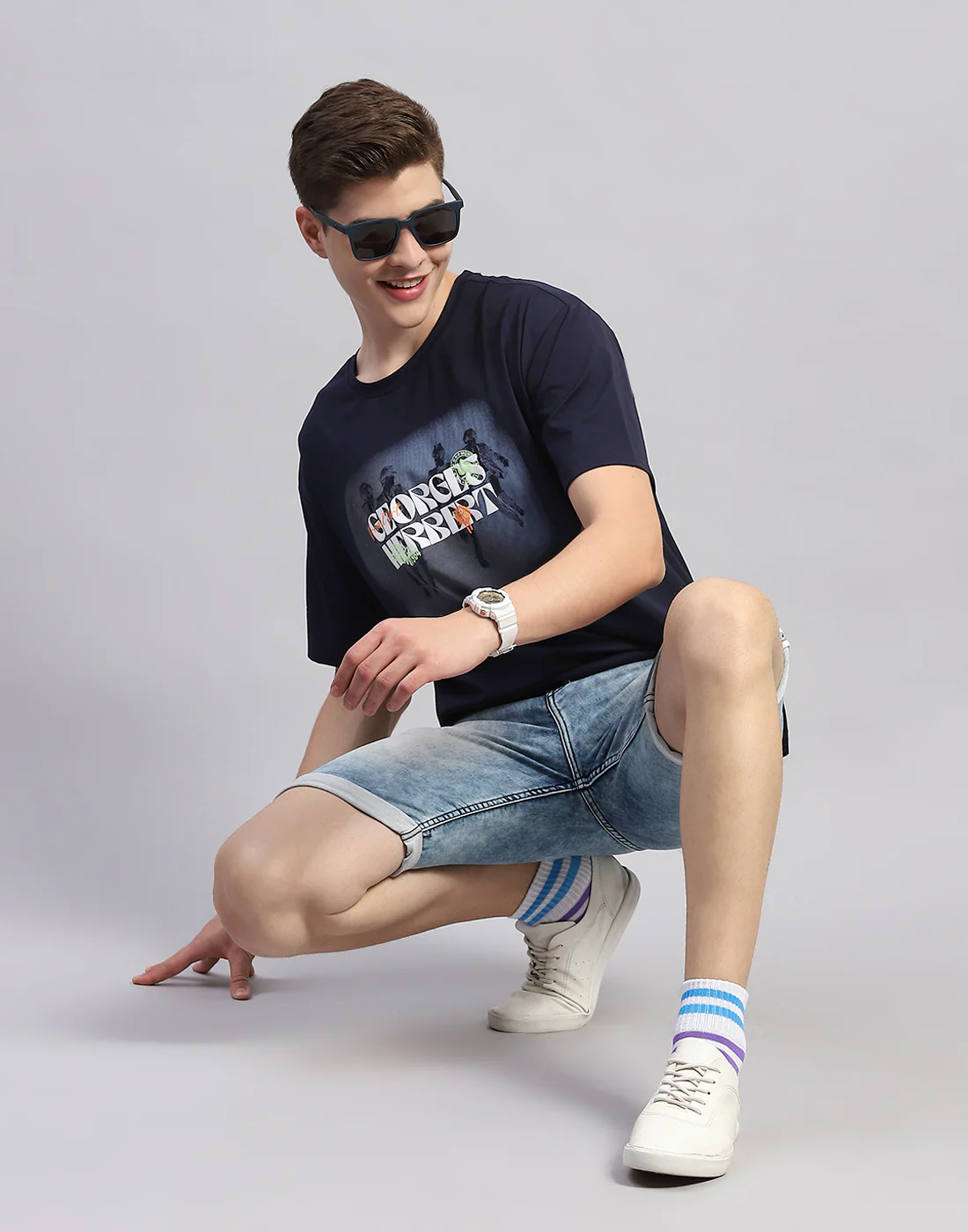 Men Navy Blue Printed Round Neck Half Sleeve T-Shirt - Image 2