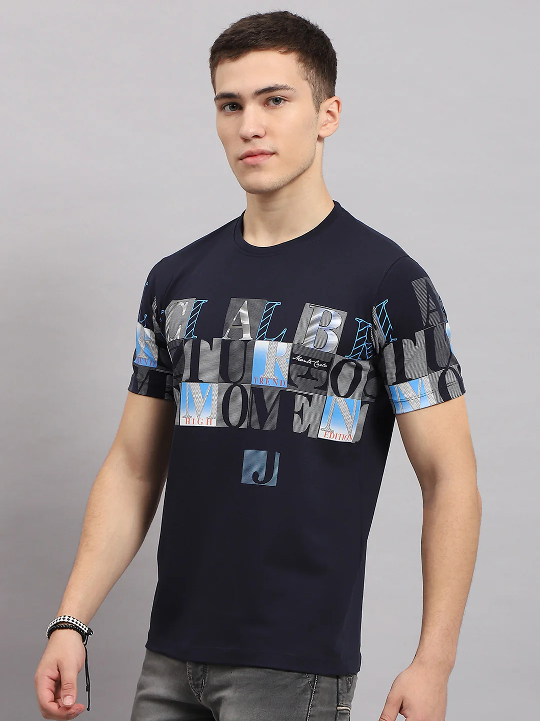 Men Navy Blue Printed Round Neck Half Sleeve T-Shirt - Image 3