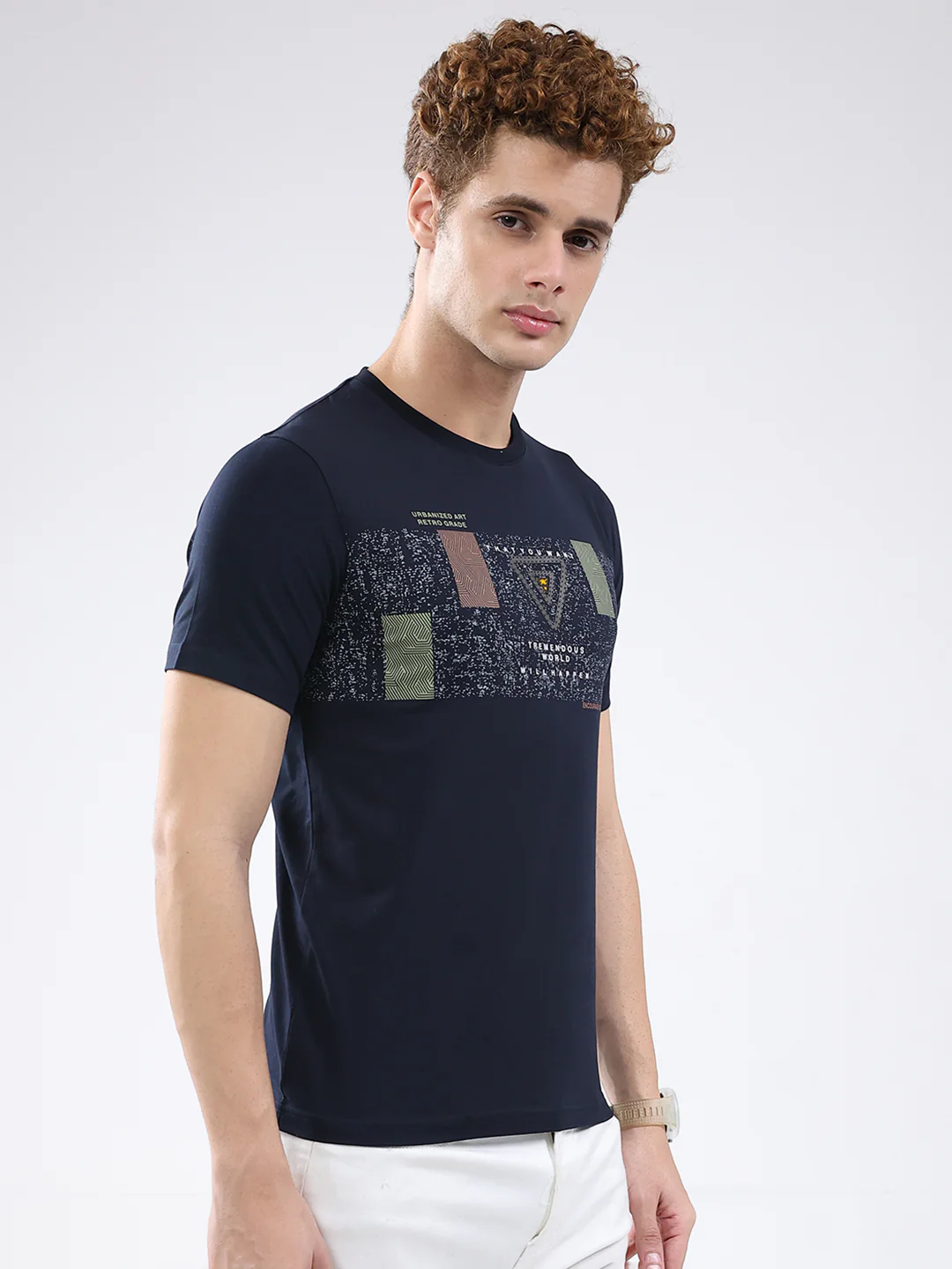 Men Navy Blue Printed Round Neck Half Sleeve T-Shirt - Image 4