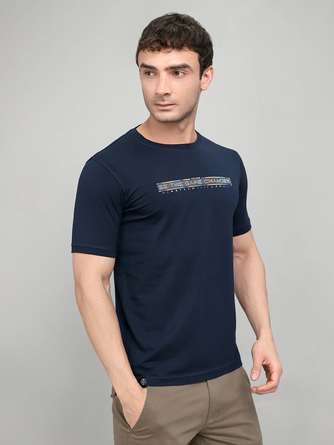 Men Navy Blue Printed Round Neck Half Sleeve T-Shirt - Image 3