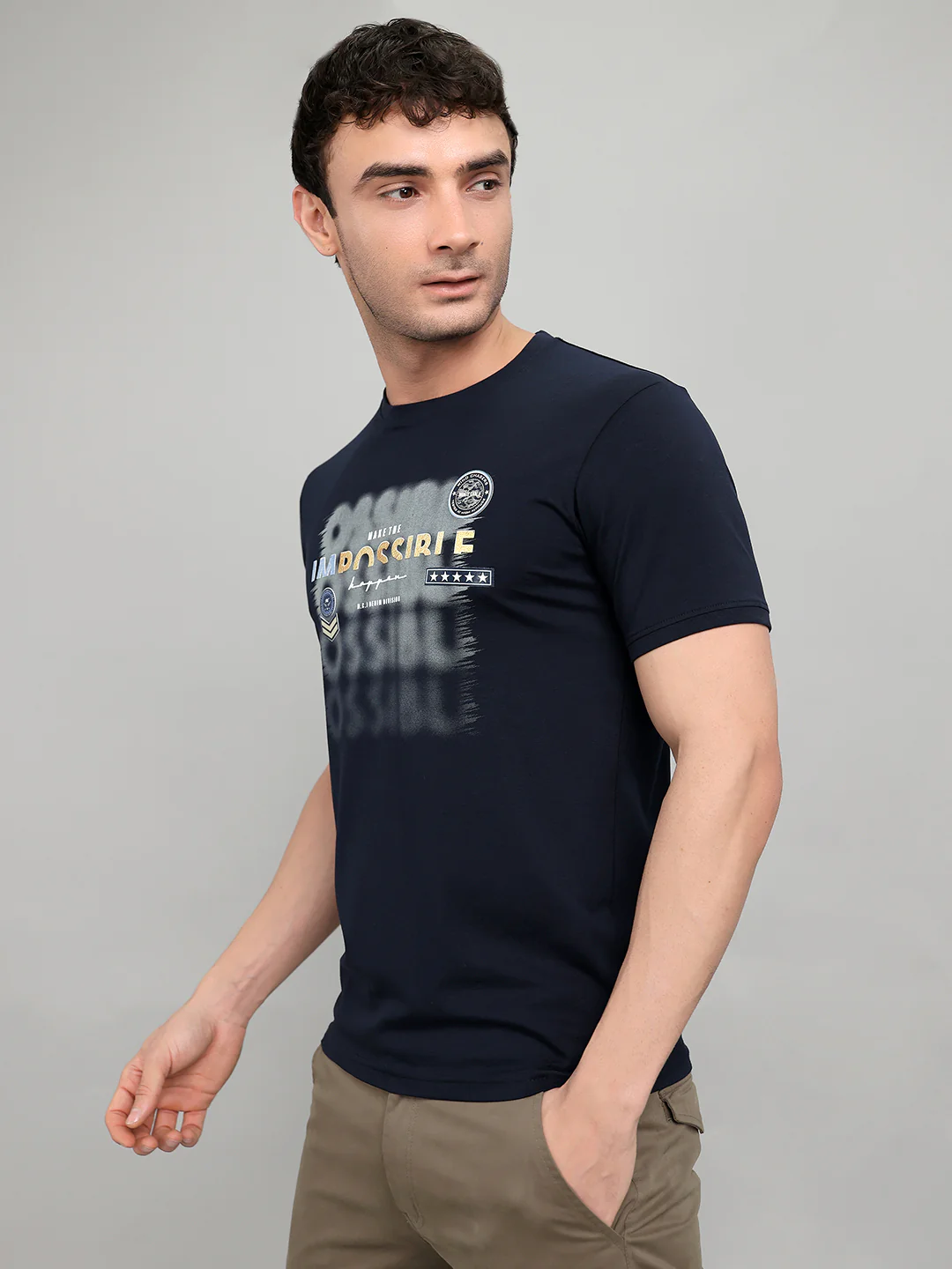 Men Navy Blue Printed Round Neck Half Sleeve T-Shirt - Image 2