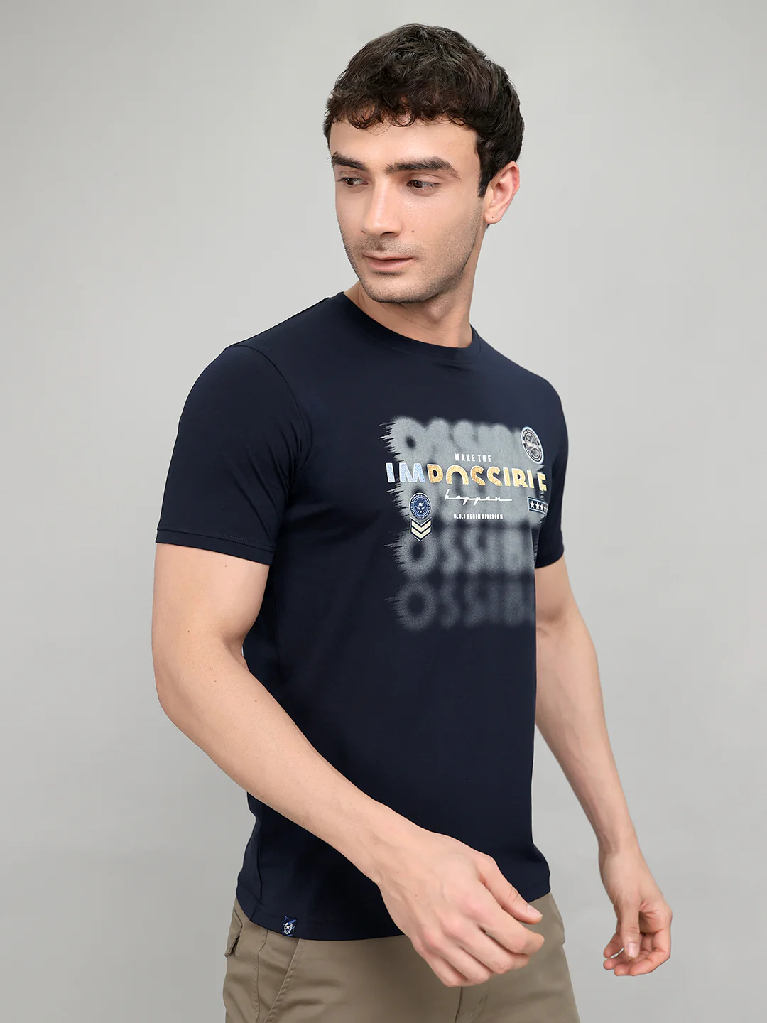 Men Navy Blue Printed Round Neck Half Sleeve T-Shirt - Image 3