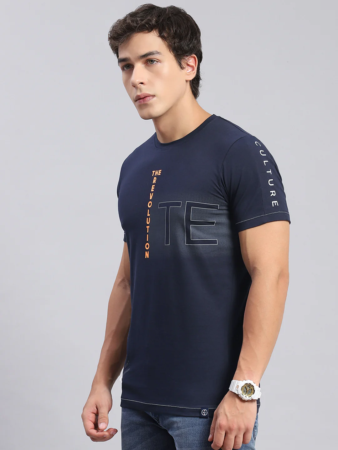 Men Navy Blue Printed Round Neck Half Sleeve T-Shirts - Image 3