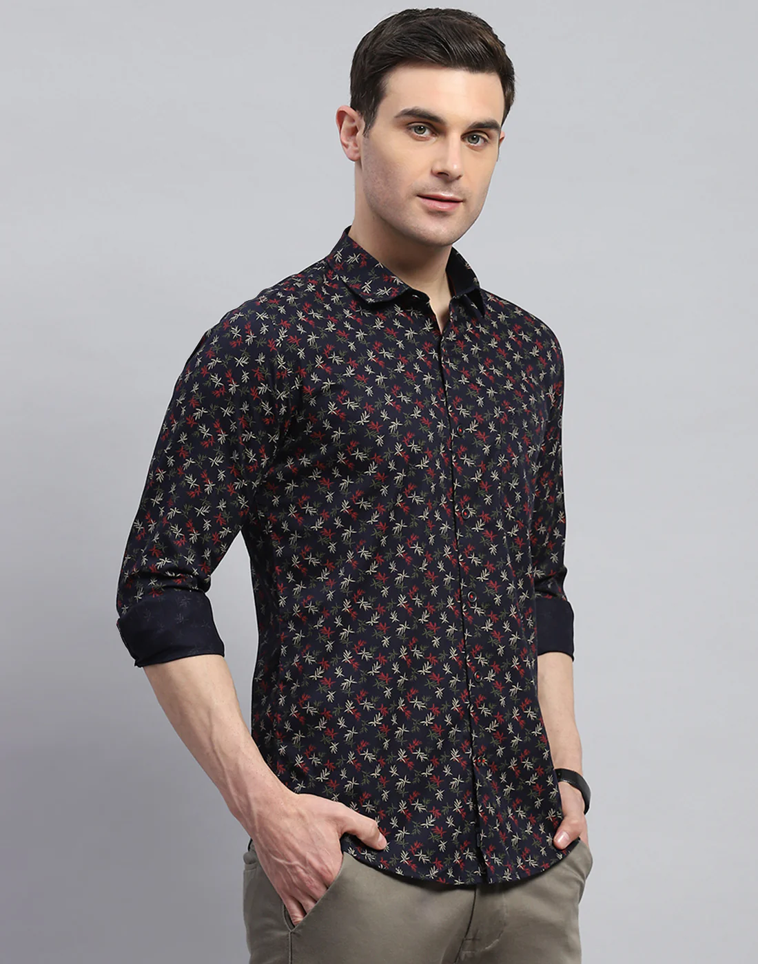 Men Navy Blue Printed Spread Collar Full Sleeve Shirt - Image 5