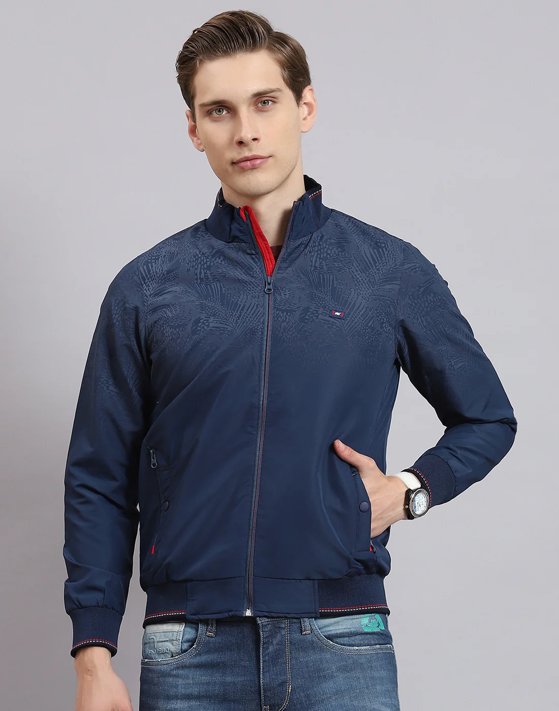 Men Navy Blue Printed Stand Collar Full Sleeve Jacket - Image 2