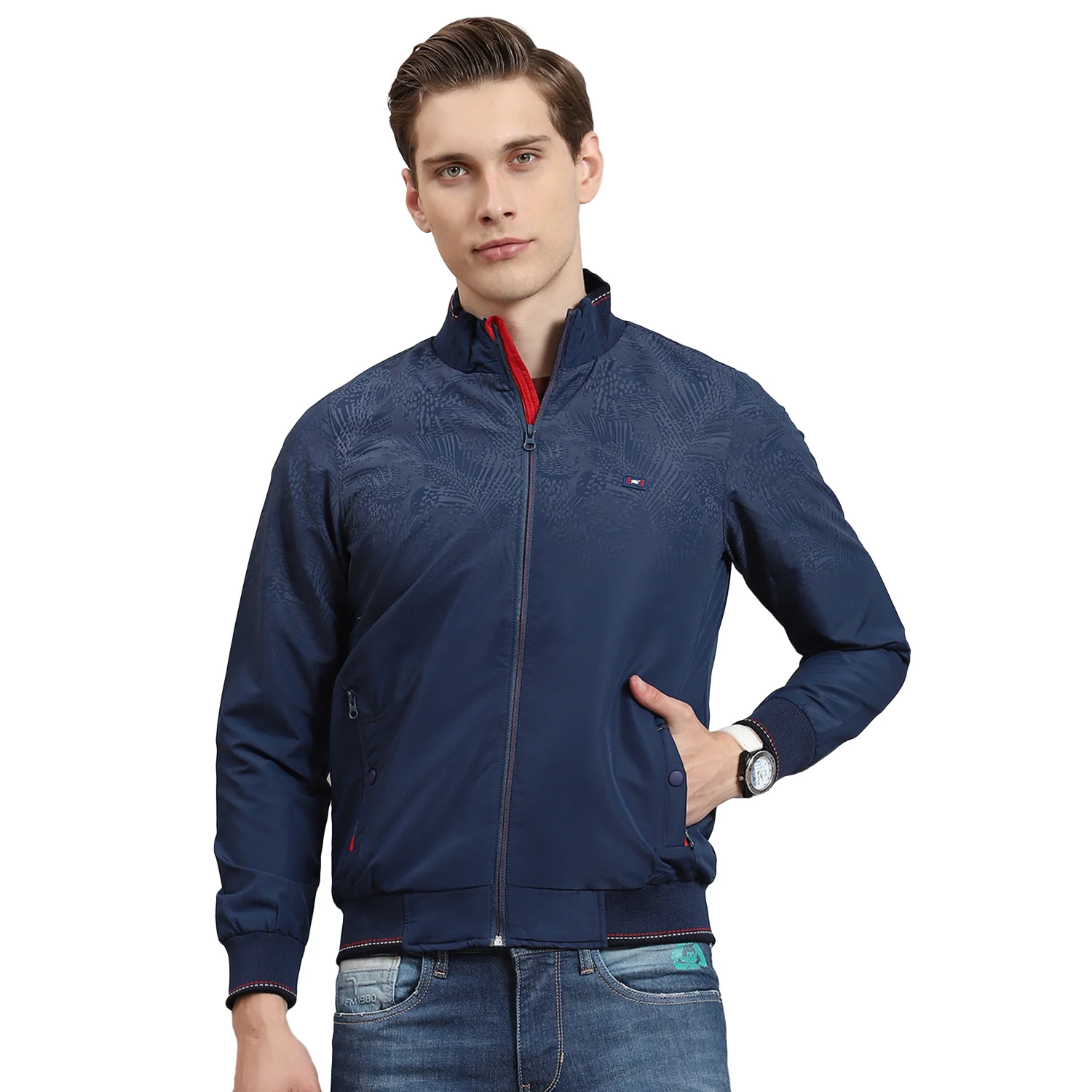 Men Navy Blue Printed Stand Collar Full Sleeve Jacket - Image 5