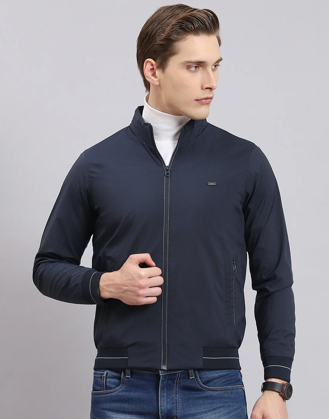 Men Navy Blue Printed Stand Collar Full Sleeve Jacket - Image 2