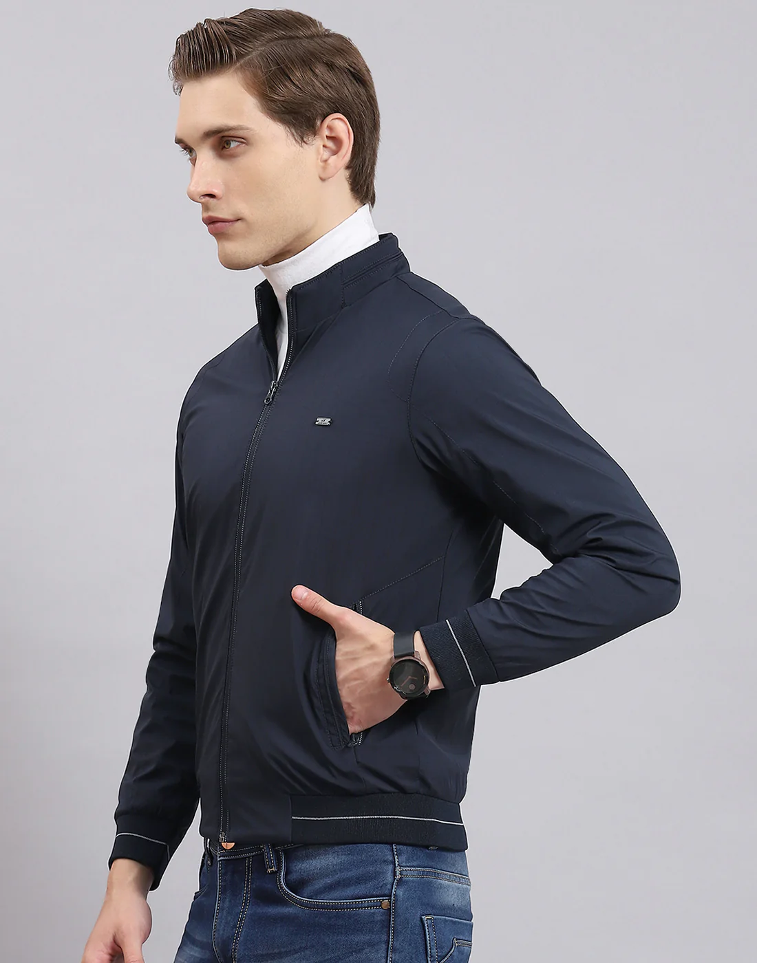 Men Navy Blue Printed Stand Collar Full Sleeve Jacket - Image 3