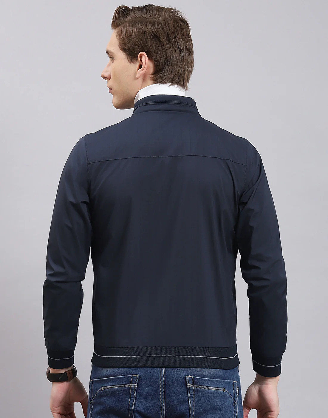 Men Navy Blue Printed Stand Collar Full Sleeve Jacket - Image 6