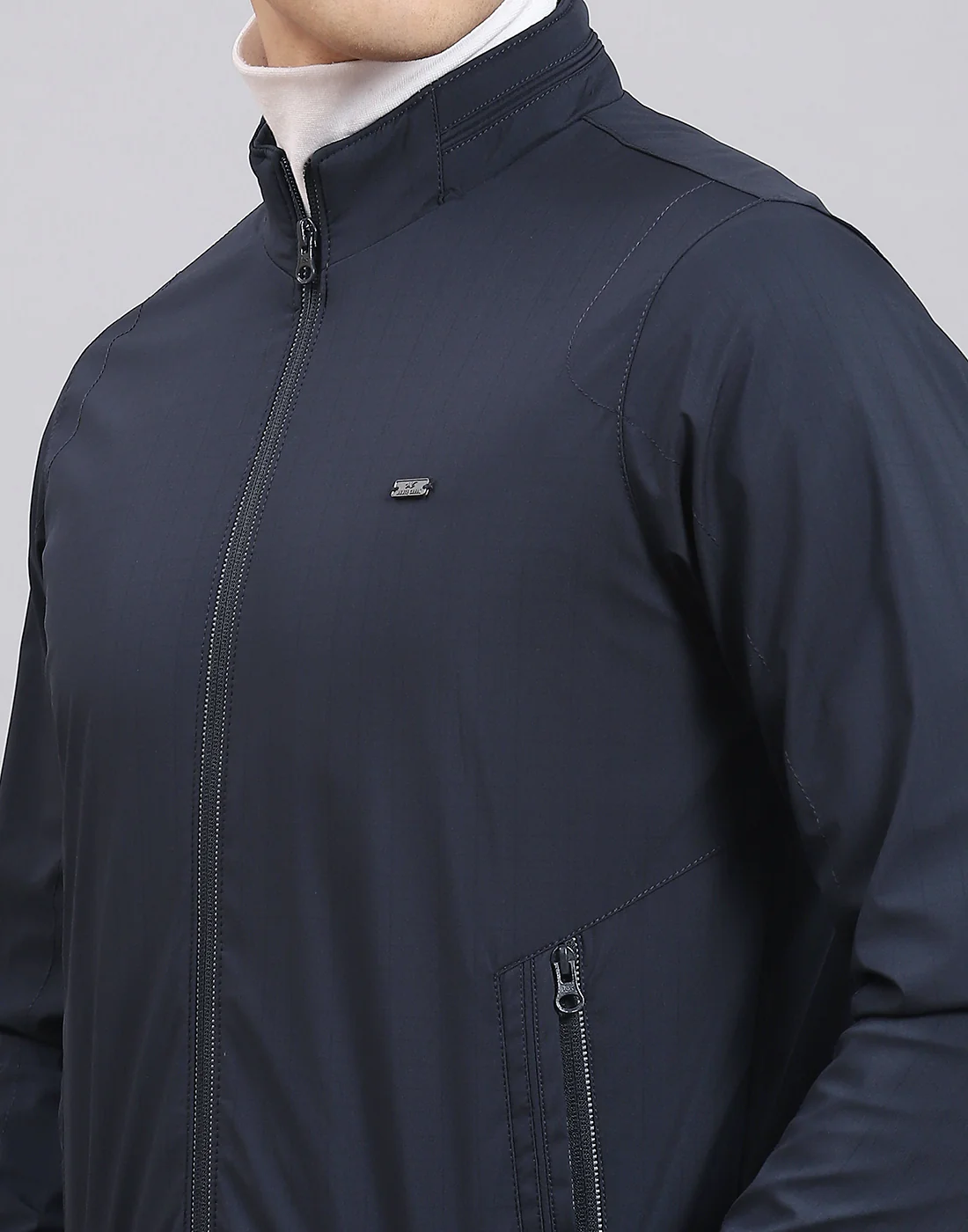 Men Navy Blue Printed Stand Collar Full Sleeve Jacket - Image 7