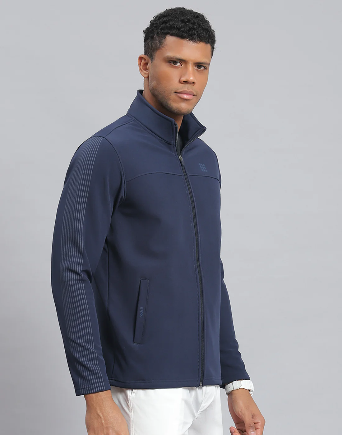 Rock.it Men Navy Blue Printed Stand Collar Full Sleeve Sweatshirt - Image 4