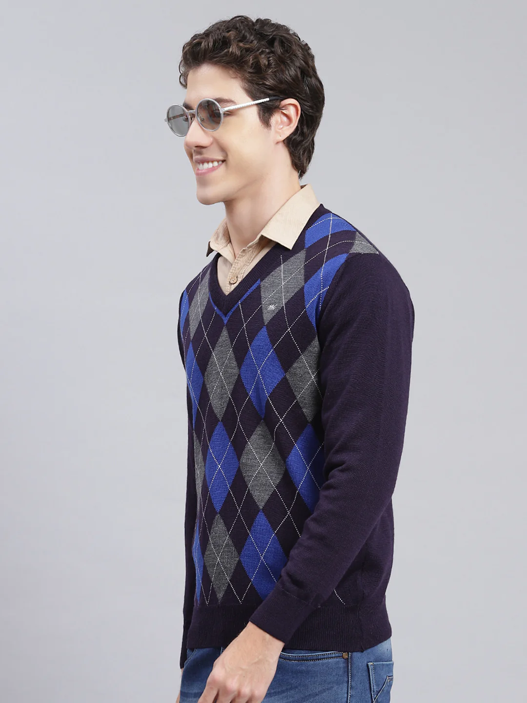 Men Navy Blue Printed Wool blend Pullover - Image 3