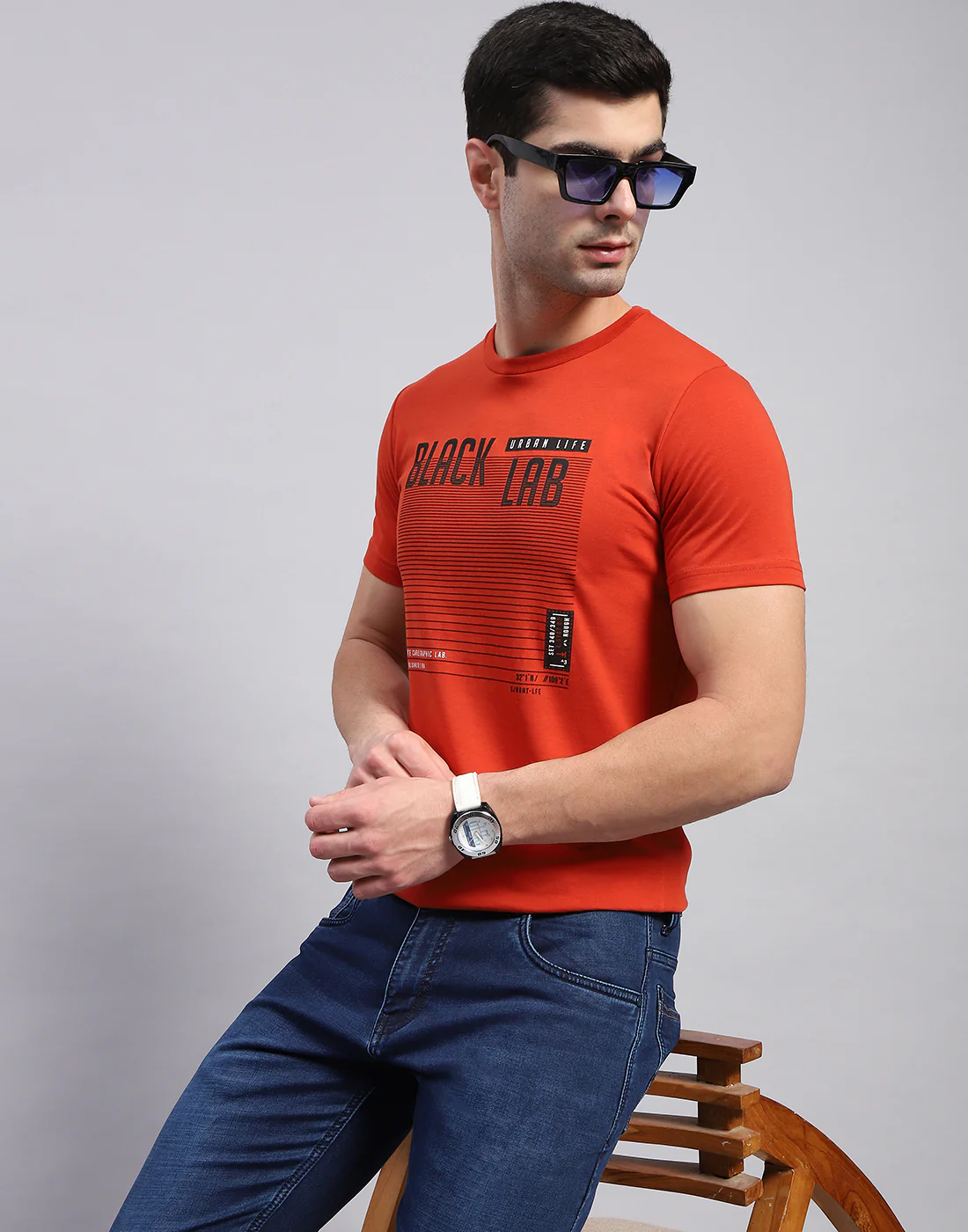Men Navy Blue & Rust Solid Round Neck Half Sleeve T-Shirt - Image 7