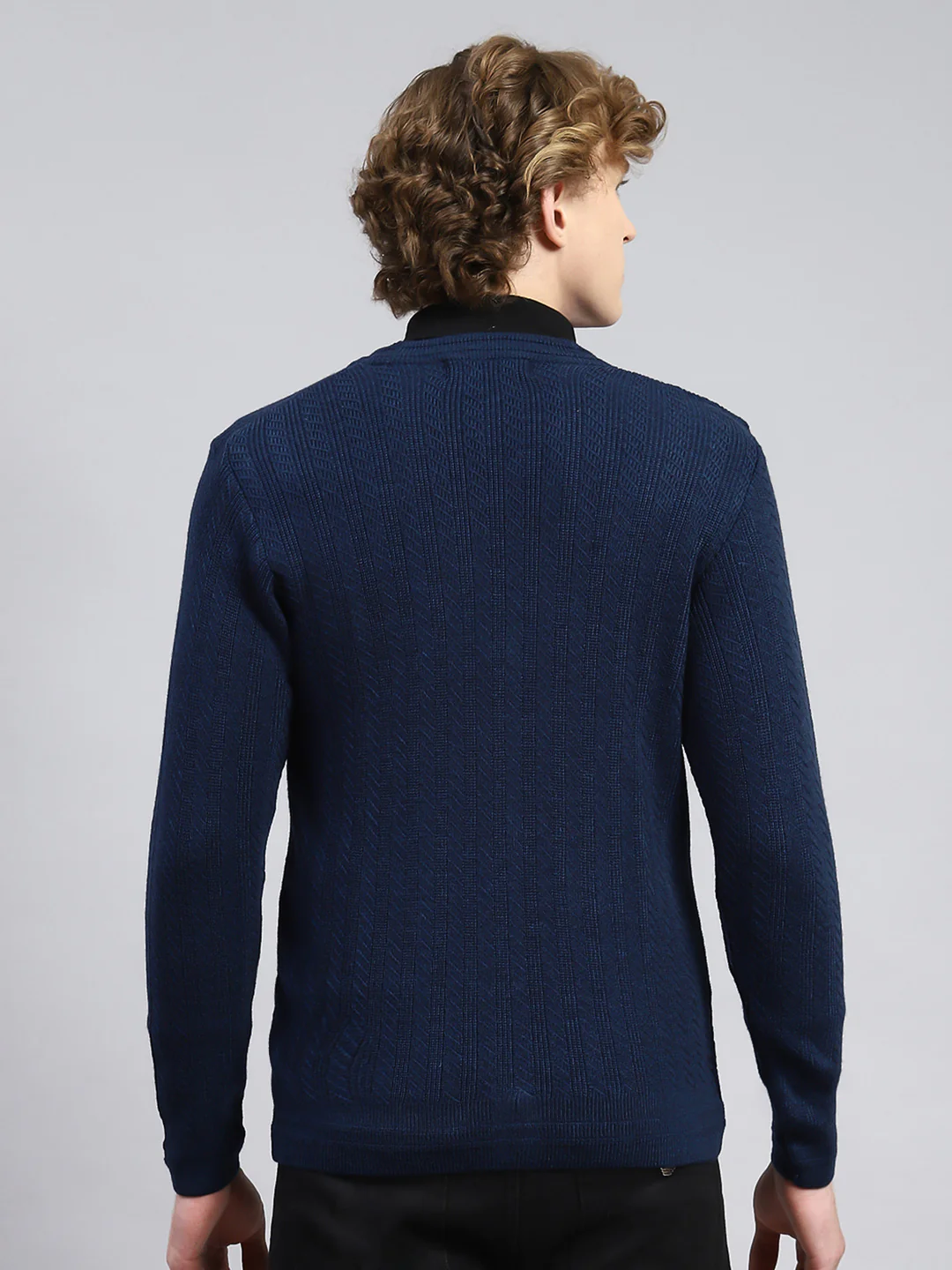 Men Navy Blue Self Cardigan - Image 5