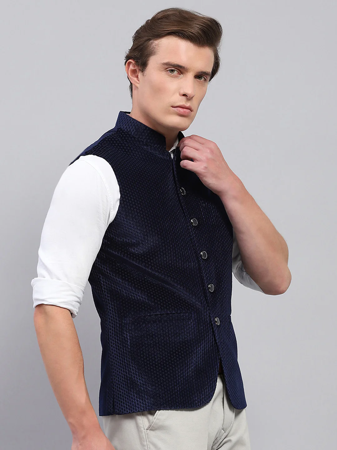Men Navy Blue Self Design Band Collar Sleeveless Coat - Image 4