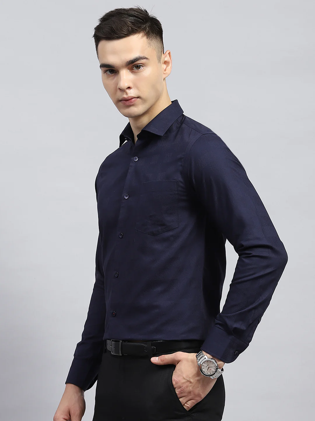 Men Navy Blue Self Design Collar Full Sleeve Shirt - Image 3