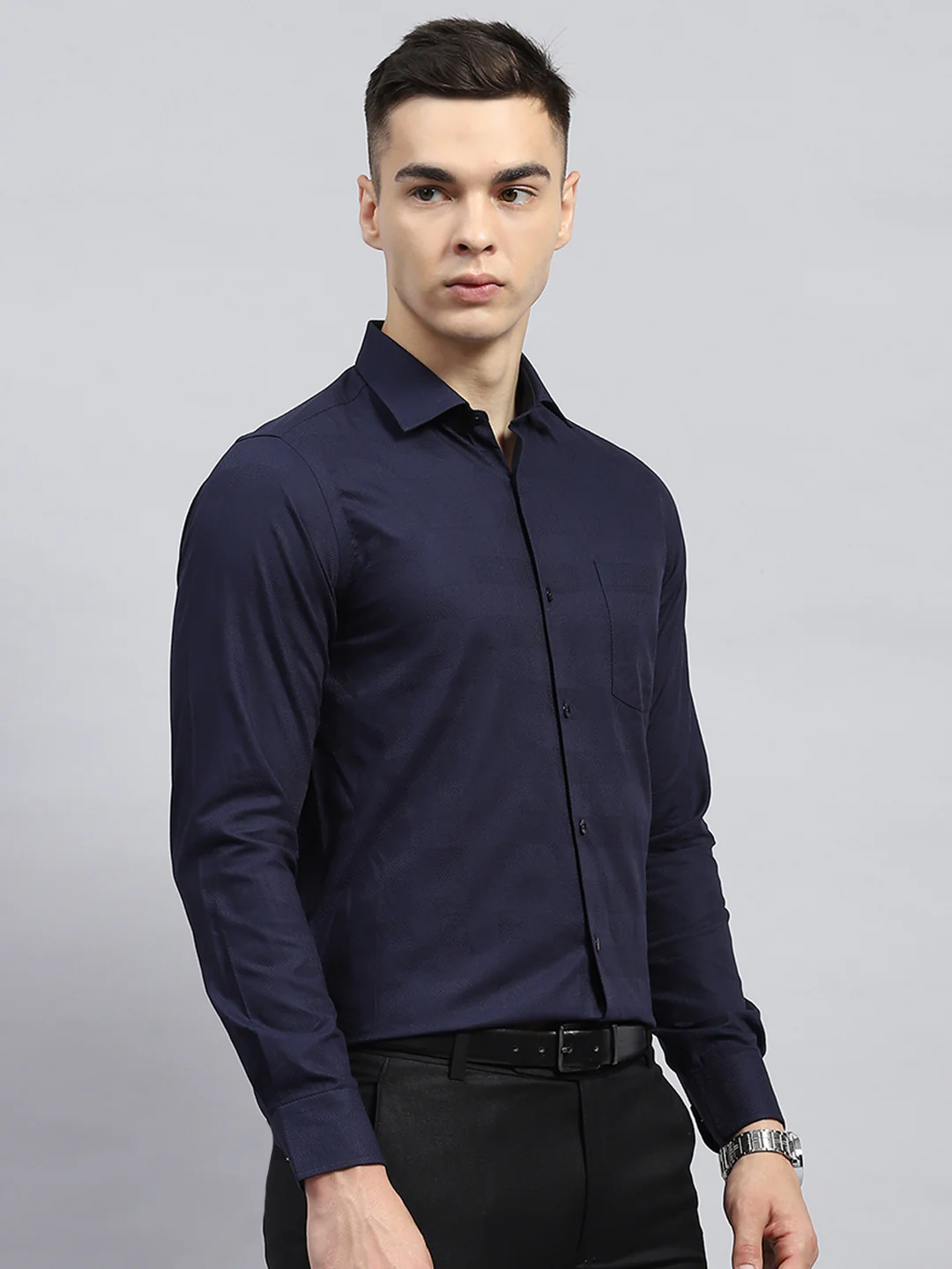 Men Navy Blue Self Design Collar Full Sleeve Shirt - Image 4