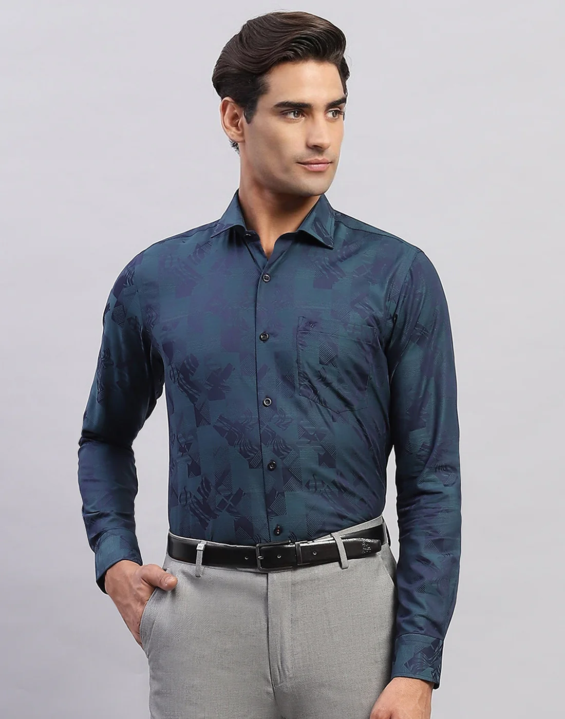 Men Navy Blue Self Design Collar Full Sleeve Shirt - Image 2